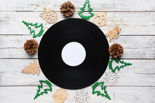 Disco Vinil Decoração Natal Fundo Madeira — Fotografia de Stock