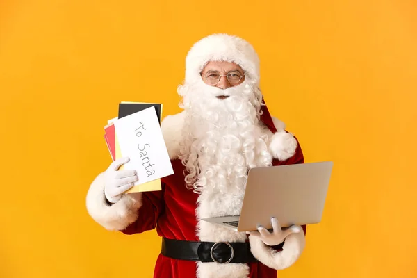 Santa Claus Laptop Letters Color Background — Stock Photo, Image