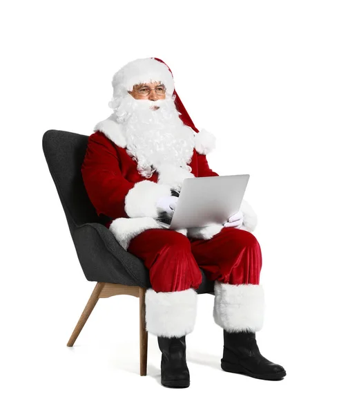 Santa Claus Laptop White Background — Stock Photo, Image