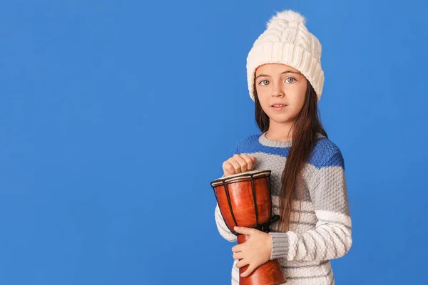 Little Girl Drum Color Background — Stock Photo, Image