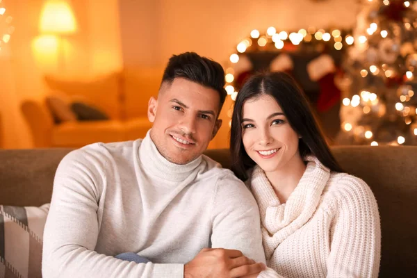 Happy Young Couple Celebrating Christmas Home — Stock Photo, Image