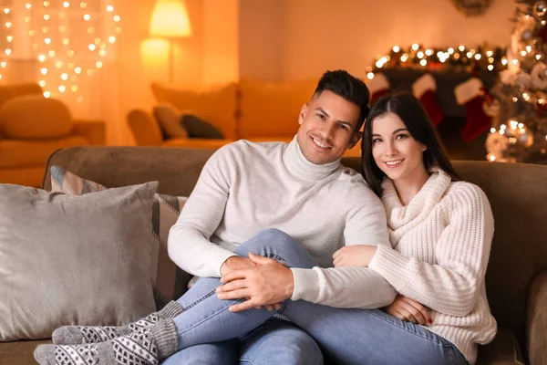 Happy Young Couple Celebrating Christmas Home — Stock Photo, Image