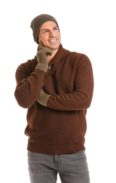 Stilig Ung Man Vinter Kläder Vit Bakgrund — Stockfoto