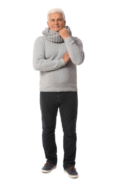 Mature Man Winter Clothes White Background — Stock Photo, Image