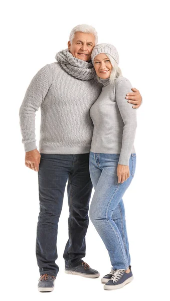 Mature Couple Winter Clothes White Background — Stock Photo, Image