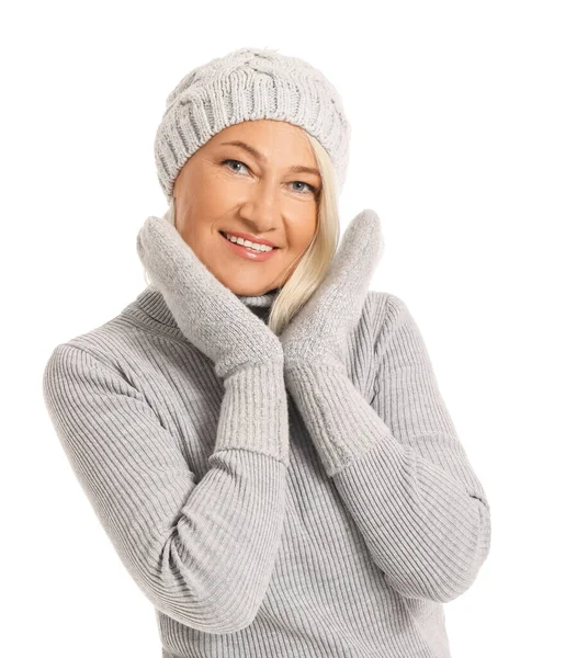 Femme Mûre Vêtements Hiver Sur Fond Blanc — Photo