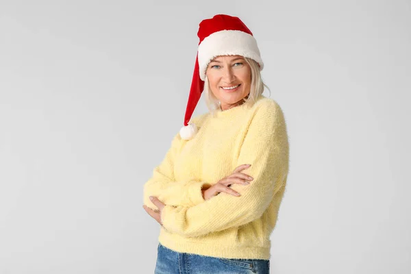 Mature Woman Santa Hat Light Background — Stock Photo, Image