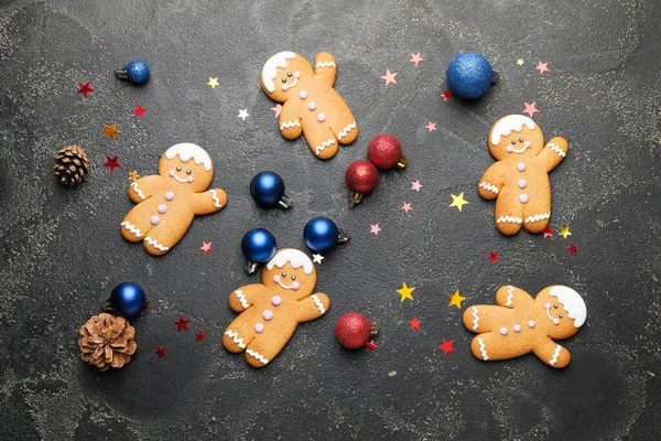 Tasty Gingerbread Cookies Christmas Decor Dark Background — Stock Photo, Image