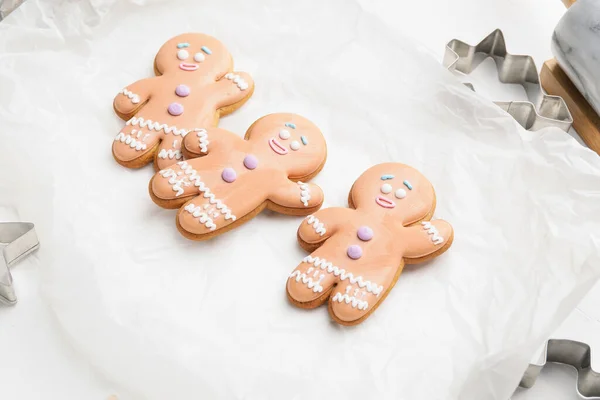 Tasty Gingerbread Cookies Cutters Light Background — Stock Photo, Image