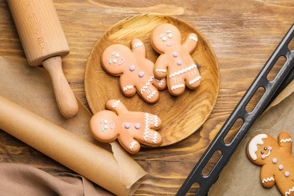Composition Tasty Gingerbread Cookies Wooden Background — Stock Photo, Image