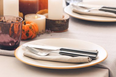 Yemek odasındaki Şükran Günü kutlaması için güzel bir masa.