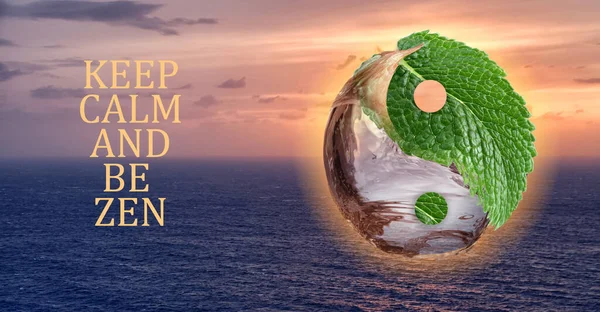 Yin Yang Symbol Text Keep Calm Zen Beautiful Sea Sunset — Stock Photo, Image