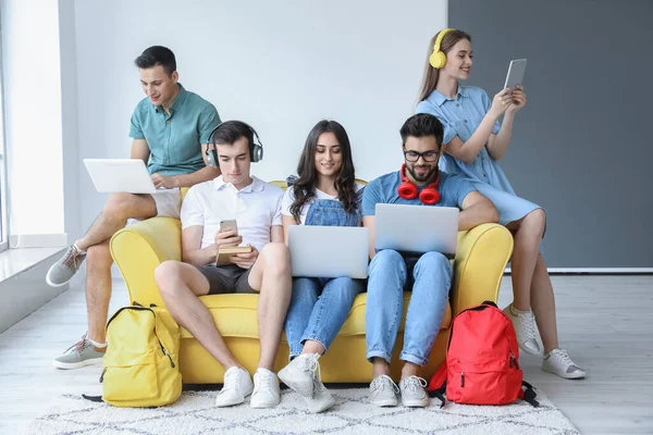 Students Modern Devices Studying Online Indoors — Stock Photo, Image