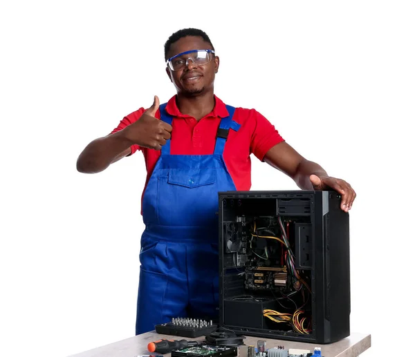 African American Technician System Unit White Background — Stock Photo, Image