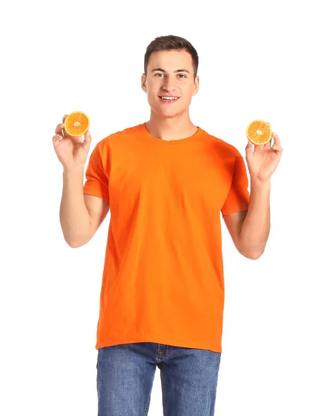 Bonito Homem Com Laranja Madura Fundo Branco — Fotografia de Stock