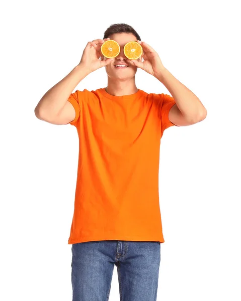 Vtipný Muž Zralé Oranžové Bílém Pozadí — Stock fotografie