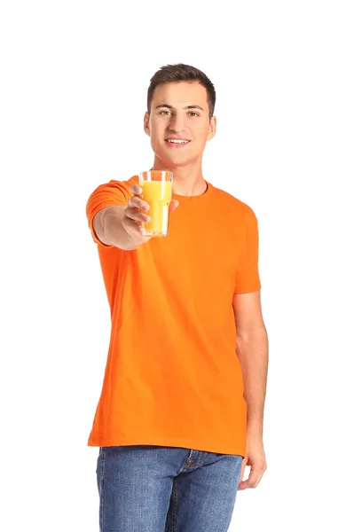 Bello Uomo Con Succo Arancia Sfondo Bianco — Foto Stock