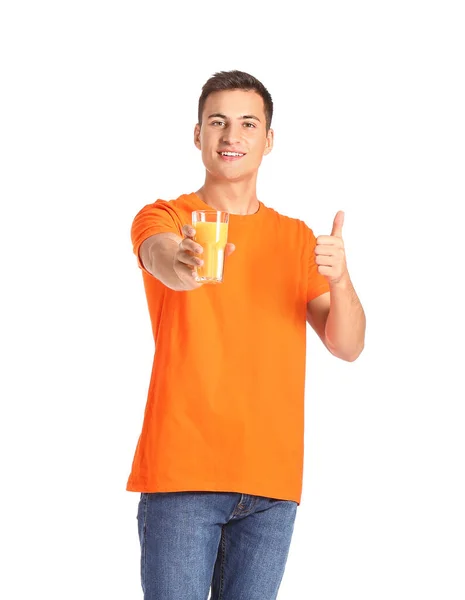 Schöner Mann Mit Orangensaft Auf Weißem Hintergrund — Stockfoto
