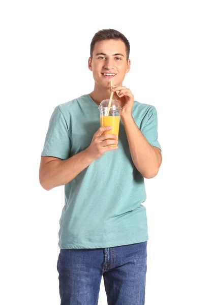 Bonito Homem Com Suco Laranja Fundo Branco — Fotografia de Stock