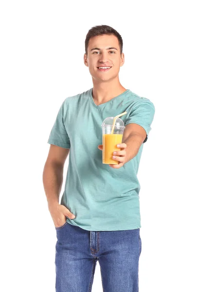 Schöner Mann Mit Orangensaft Auf Weißem Hintergrund — Stockfoto