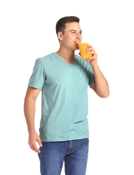 Schöner Mann Mit Orangensaft Auf Weißem Hintergrund — Stockfoto