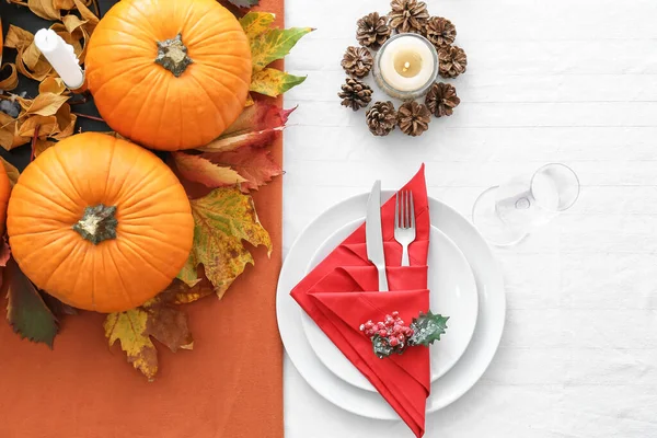 Beautiful Table Setting Pumpkins Autumn Leaves Dining Room — Stock Photo, Image