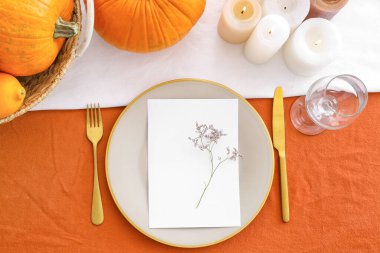 Yemek odasında balkabakları olan güzel bir masa.