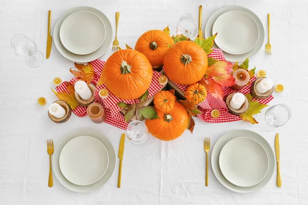 Beautiful Table Setting Pumpkins Autumn Leaves Dining Room — Stock Photo, Image