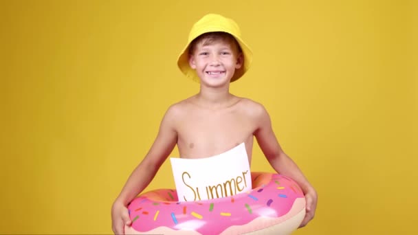 Cute Little Boy Inflatable Ring Showing Thumb Color Background — Stock Video