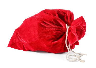 Beyaz arka planda hediyelerle dolu Noel Baba çantası