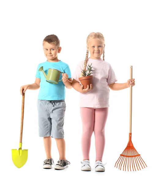 Cute Little Children Gardening Supplies Houseplant White Background — Stock Photo, Image