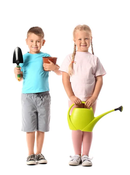 Cute Little Children Gardening Supplies White Background — Stock Photo, Image