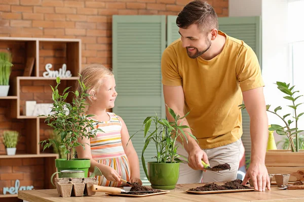 Young Father Daughter Setting Out Plants Home — Stock Photo, Image