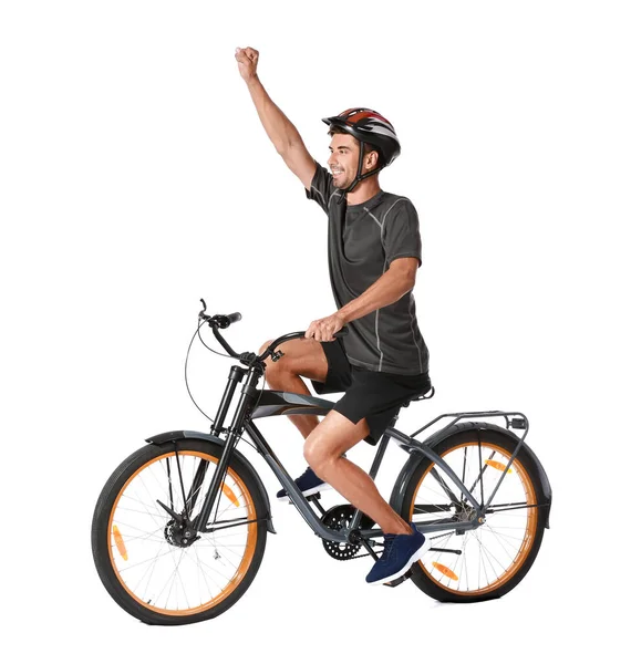 Ciclista Masculino Andar Bicicleta Fundo Branco — Fotografia de Stock