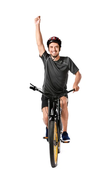 Man Cyklist Rida Cykel Vit Bakgrund — Stockfoto