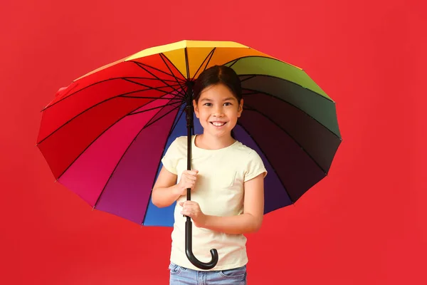 Little Girl Rainbow Umbrella Color Background — Stock Photo, Image