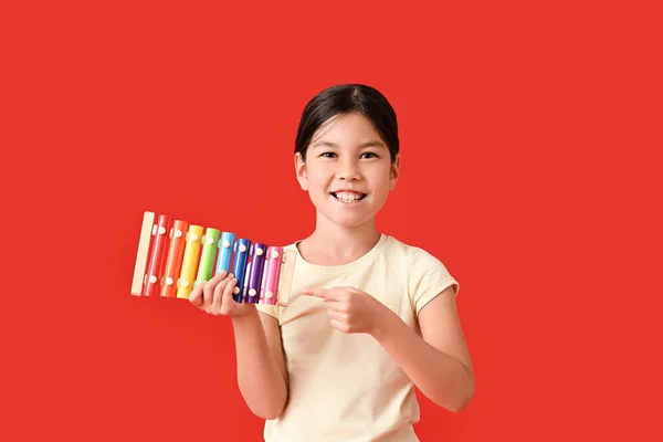 Little Girl Rainbow Xylophone Color Background — Stock Photo, Image