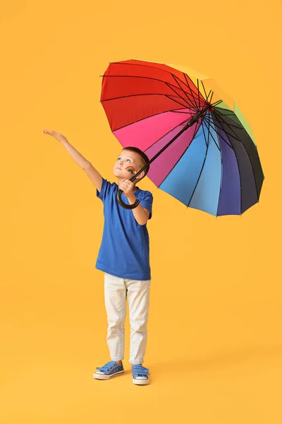 Little Boy Rainbow Umbrella Color Background — Stock Photo, Image