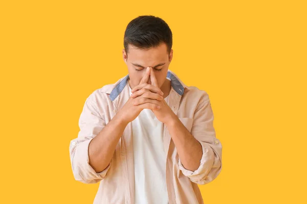 Stressed Young Man Color Background — Stock Photo, Image