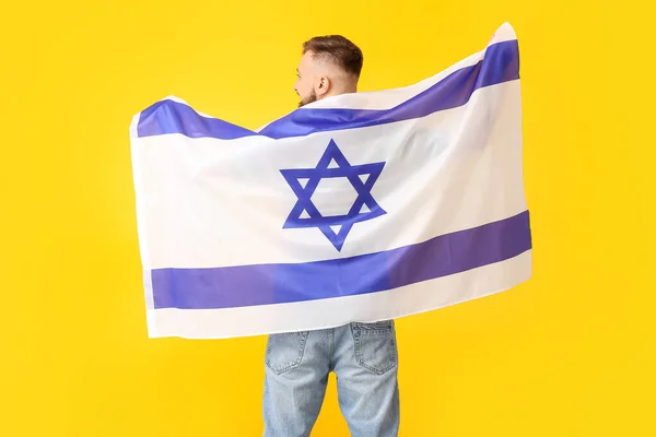 Man Met Vlag Van Israël Kleur Achtergrond Achteraanzicht — Stockfoto