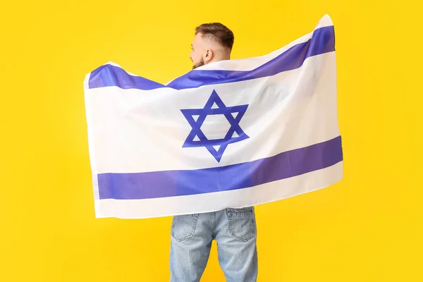 Mann Mit Der Flagge Israels Auf Farbigem Hintergrund Rückseite — Stockfoto