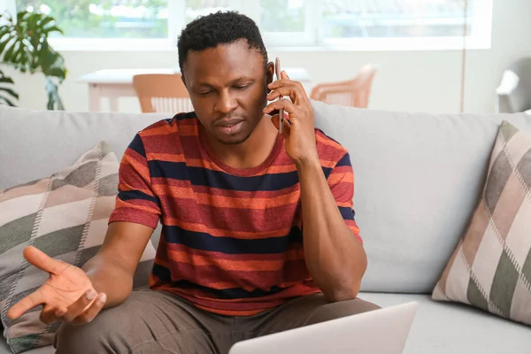Stressed African American Man Talking Phone Home — Stock Photo, Image