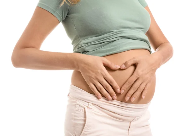 Beautiful Pregnant Woman Making Heart Her Hands White Background — Stock Photo, Image