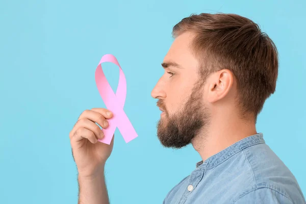 Man Pink Ribbon Color Background Breast Cancer Awareness Concept — Stock Photo, Image