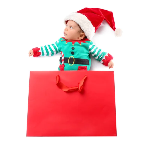 Bebê Bonito Chapéu Papai Noel Com Saco Compras Fundo Branco — Fotografia de Stock