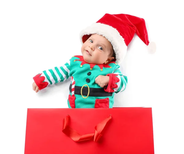 Cute Little Baby Santa Hat Shopping Bag White Background — Stock Photo, Image