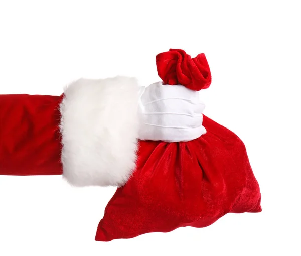Mão Papai Noel Com Saco Sobre Fundo Branco — Fotografia de Stock