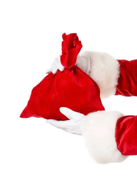 Händer Santa Claus Med Väska Vit Bakgrund — Stockfoto