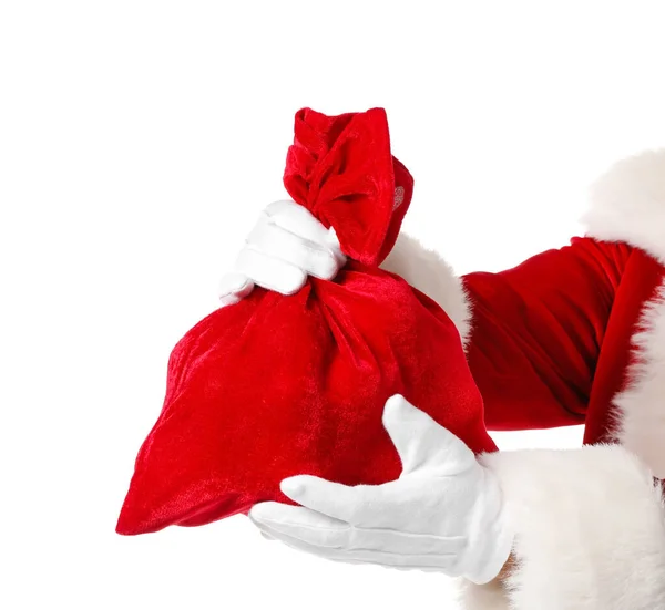 Mãos Papai Noel Com Saco Sobre Fundo Branco — Fotografia de Stock