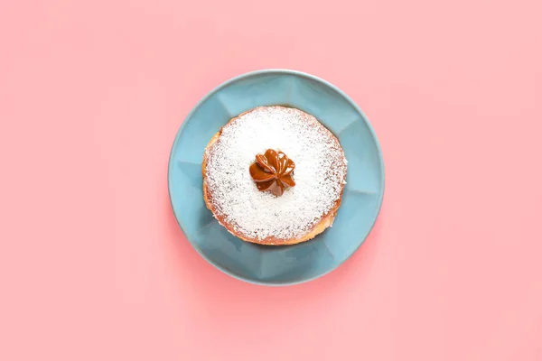 Leckerer Donut Für Chanukka Auf Farbigem Hintergrund — Stockfoto